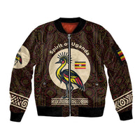 Uganda Sleeve Zip Bomber Jacket with Grey Crowned Crane and Tribal Pattern Spirit of Uganda Theme
