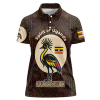 Uganda Women Polo Shirt with Grey Crowned Crane and Tribal Pattern Spirit of Uganda Theme