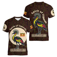 Uganda Women V-Neck T-Shirt with Grey Crowned Crane and Tribal Pattern Spirit of Uganda Theme