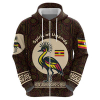 Uganda Zip Hoodie with Grey Crowned Crane and Tribal Pattern Spirit of Uganda Theme