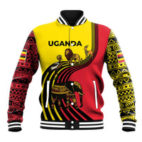 Uganda Baseball Jacket with African Wildlife Elephant Lion and Crane in Tribal Pattern Design