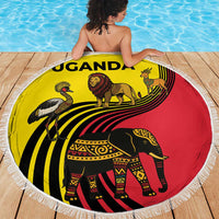 Uganda Beach Blanket with African Wildlife Elephant Lion and Crane in Tribal Pattern Design