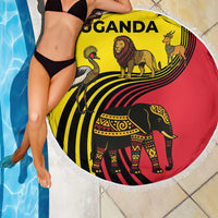 Uganda Beach Blanket with African Wildlife Elephant Lion and Crane in Tribal Pattern Design