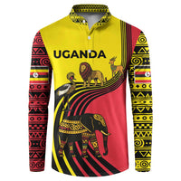 Uganda Button Sweatshirt with African Wildlife Elephant Lion and Crane in Tribal Pattern Design