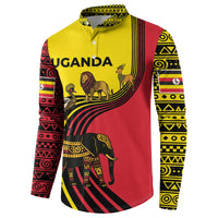 Uganda Button Sweatshirt with African Wildlife Elephant Lion and Crane in Tribal Pattern Design