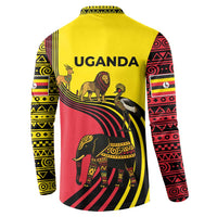 Uganda Button Sweatshirt with African Wildlife Elephant Lion and Crane in Tribal Pattern Design