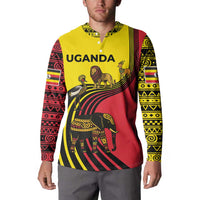 Uganda Button Sweatshirt with African Wildlife Elephant Lion and Crane in Tribal Pattern Design
