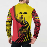 Uganda Button Sweatshirt with African Wildlife Elephant Lion and Crane in Tribal Pattern Design