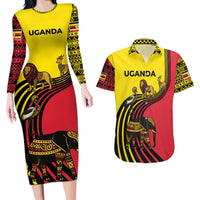 Uganda Couples Matching Long Sleeve Bodycon Dress and Hawaiian Shirt with African Wildlife Elephant Lion and Crane in Tribal Pattern Design