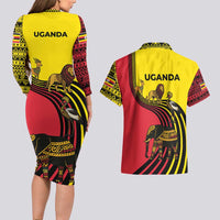 Uganda Couples Matching Long Sleeve Bodycon Dress and Hawaiian Shirt with African Wildlife Elephant Lion and Crane in Tribal Pattern Design