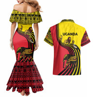 Uganda Couples Matching Mermaid Dress and Hawaiian Shirt with African Wildlife Elephant Lion and Crane in Tribal Pattern Design