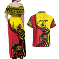 Uganda Couples Matching Off Shoulder Maxi Dress and Hawaiian Shirt with African Wildlife Elephant Lion and Crane in Tribal Pattern Design
