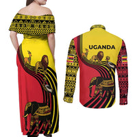 Uganda Couples Matching Off Shoulder Maxi Dress and Long Sleeve Button Shirt with African Wildlife Elephant Lion and Crane in Tribal Pattern Design