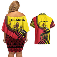 Uganda Couples Matching Off Shoulder Short Dress and Hawaiian Shirt with African Wildlife Elephant Lion and Crane in Tribal Pattern Design