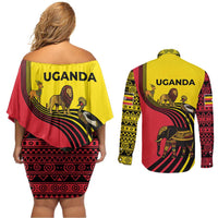 Uganda Couples Matching Off Shoulder Short Dress and Long Sleeve Button Shirt with African Wildlife Elephant Lion and Crane in Tribal Pattern Design