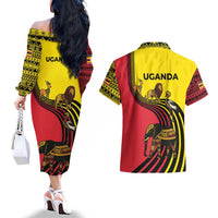 Uganda Couples Matching Off The Shoulder Long Sleeve Dress and Hawaiian Shirt with African Wildlife Elephant Lion and Crane in Tribal Pattern Design
