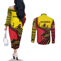 Uganda Couples Matching Off The Shoulder Long Sleeve Dress and Long Sleeve Button Shirt with African Wildlife Elephant Lion and Crane in Tribal Pattern Design
