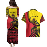 Uganda Couples Matching Puletasi and Hawaiian Shirt with African Wildlife Elephant Lion and Crane in Tribal Pattern Design