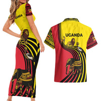 Uganda Couples Matching Short Sleeve Bodycon Dress and Hawaiian Shirt with African Wildlife Elephant Lion and Crane in Tribal Pattern Design