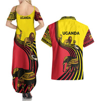 Uganda Couples Matching Summer Maxi Dress and Hawaiian Shirt with African Wildlife Elephant Lion and Crane in Tribal Pattern Design