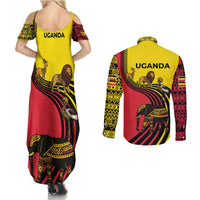 Uganda Couples Matching Summer Maxi Dress and Long Sleeve Button Shirt with African Wildlife Elephant Lion and Crane in Tribal Pattern Design