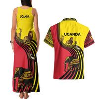 Uganda Couples Matching Tank Maxi Dress and Hawaiian Shirt with African Wildlife Elephant Lion and Crane in Tribal Pattern Design