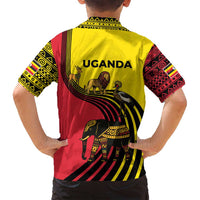 Uganda Family Matching Long Sleeve Bodycon Dress and Hawaiian Shirt with African Wildlife Elephant Lion and Crane in Tribal Pattern Design