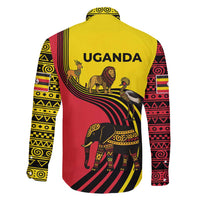 Uganda Family Matching Long Sleeve Bodycon Dress and Hawaiian Shirt with African Wildlife Elephant Lion and Crane in Tribal Pattern Design