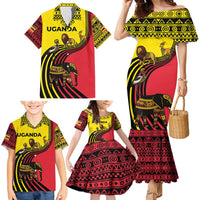 Uganda Family Matching Mermaid Dress and Hawaiian Shirt with African Wildlife Elephant Lion and Crane in Tribal Pattern Design