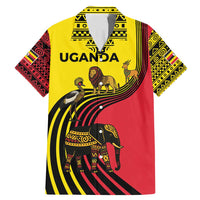 Uganda Family Matching Mermaid Dress and Hawaiian Shirt with African Wildlife Elephant Lion and Crane in Tribal Pattern Design