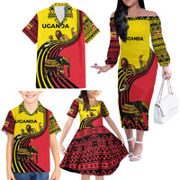 Uganda Family Matching Off The Shoulder Long Sleeve Dress and Hawaiian Shirt with African Wildlife Elephant Lion and Crane in Tribal Pattern Design