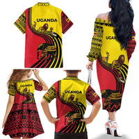 Uganda Family Matching Off The Shoulder Long Sleeve Dress and Hawaiian Shirt with African Wildlife Elephant Lion and Crane in Tribal Pattern Design