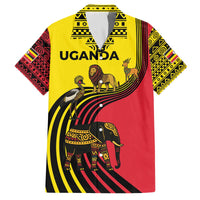 Uganda Family Matching Off The Shoulder Long Sleeve Dress and Hawaiian Shirt with African Wildlife Elephant Lion and Crane in Tribal Pattern Design