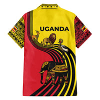 Uganda Family Matching Off The Shoulder Long Sleeve Dress and Hawaiian Shirt with African Wildlife Elephant Lion and Crane in Tribal Pattern Design