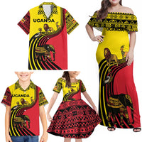 Uganda Family Matching Off Shoulder Maxi Dress and Hawaiian Shirt with African Wildlife Elephant Lion and Crane in Tribal Pattern Design