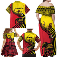 Uganda Family Matching Off Shoulder Maxi Dress and Hawaiian Shirt with African Wildlife Elephant Lion and Crane in Tribal Pattern Design