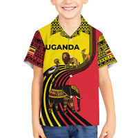 Uganda Family Matching Off Shoulder Maxi Dress and Hawaiian Shirt with African Wildlife Elephant Lion and Crane in Tribal Pattern Design