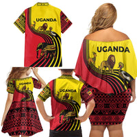 Uganda Family Matching Off Shoulder Short Dress and Hawaiian Shirt with African Wildlife Elephant Lion and Crane in Tribal Pattern Design