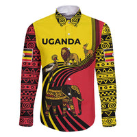 Uganda Family Matching Puletasi and Hawaiian Shirt with African Wildlife Elephant Lion and Crane in Tribal Pattern Design