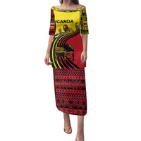 Uganda Family Matching Puletasi and Hawaiian Shirt with African Wildlife Elephant Lion and Crane in Tribal Pattern Design