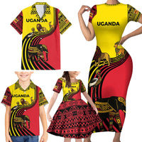 Uganda Family Matching Short Sleeve Bodycon Dress and Hawaiian Shirt with African Wildlife Elephant Lion and Crane in Tribal Pattern Design