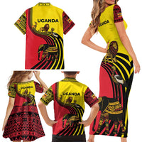 Uganda Family Matching Short Sleeve Bodycon Dress and Hawaiian Shirt with African Wildlife Elephant Lion and Crane in Tribal Pattern Design