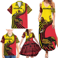Uganda Family Matching Summer Maxi Dress and Hawaiian Shirt with African Wildlife Elephant Lion and Crane in Tribal Pattern Design