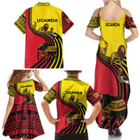 Uganda Family Matching Summer Maxi Dress and Hawaiian Shirt with African Wildlife Elephant Lion and Crane in Tribal Pattern Design