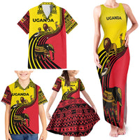 Uganda Family Matching Tank Maxi Dress and Hawaiian Shirt with African Wildlife Elephant Lion and Crane in Tribal Pattern Design