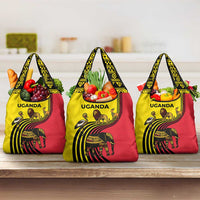 Uganda Grocery Bag with African Wildlife Elephant Lion and Crane in Tribal Pattern Design