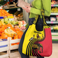 Uganda Grocery Bag with African Wildlife Elephant Lion and Crane in Tribal Pattern Design