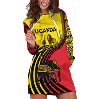 Uganda Hoodie Dress with African Wildlife Elephant Lion and Crane in Tribal Pattern Design