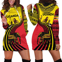 Uganda Hoodie Dress with African Wildlife Elephant Lion and Crane in Tribal Pattern Design