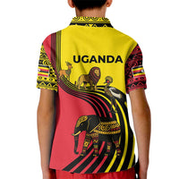 Uganda Kid Polo Shirt with African Wildlife Elephant Lion and Crane in Tribal Pattern Design